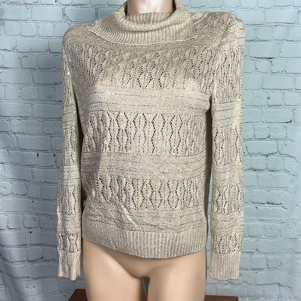 St. John Knit Cowl Neck Sweater Embellished w Iridescent Paillettes Gold Small